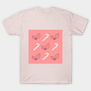 Candy canes and holly berries pink T-Shirt